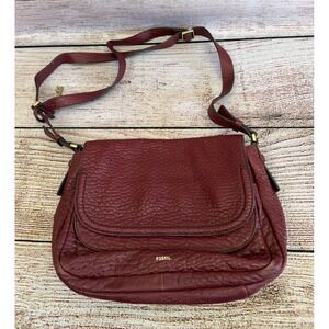 Fossil 100% Leather Crossbody Purse Red Burgundy Pebbled Bag Used
